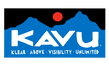 a blue and white logo with a red circle and mountains in the background